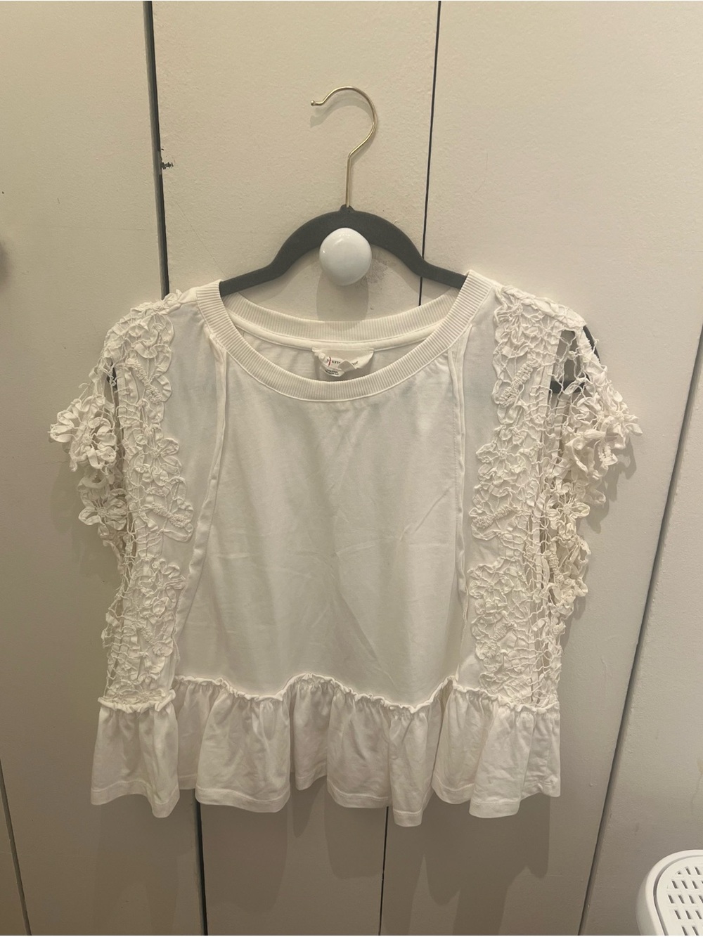 Anthropologie White Lace-Sleeve Peplum Top - Picture 3 of 7